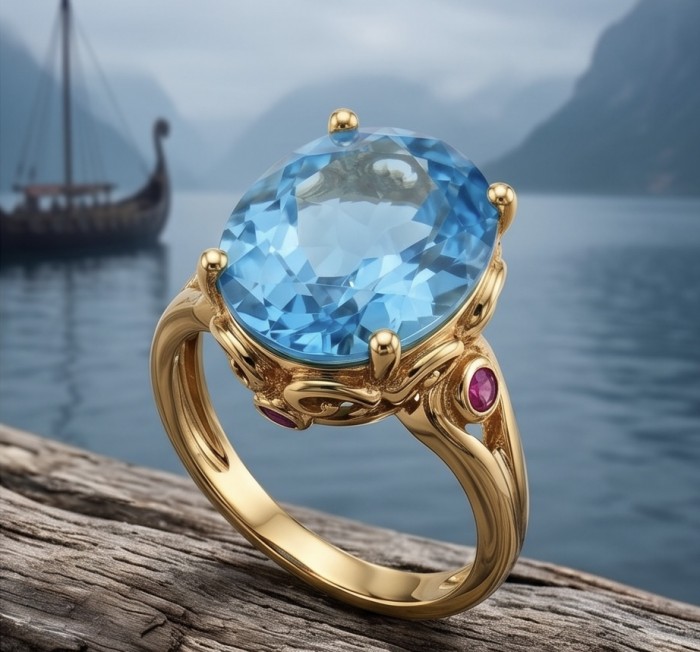 Conqueror Natural 34.8 carat Swiss Blue Topaz Enamel .925 Sterling Silver dipped in 22K Gold handmade Statement Ring size 8 - Close-up of Blue Garden Natural 34.8 carat Swiss Blue Topaz ring.