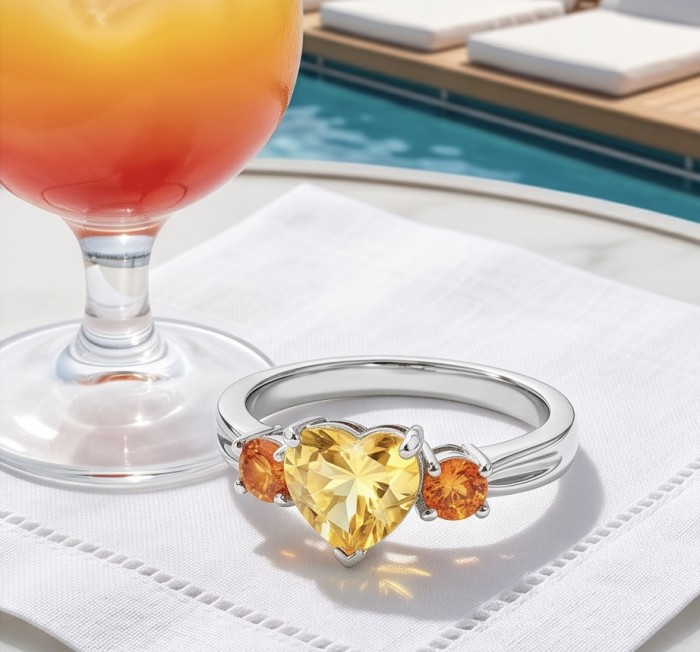 4.2 carat Brazilian Citrine .925 Sterling Silver handcrafted ring; s. 8 3/4 - Heart-shaped citrine ring on cloth near a cocktail poolside view.