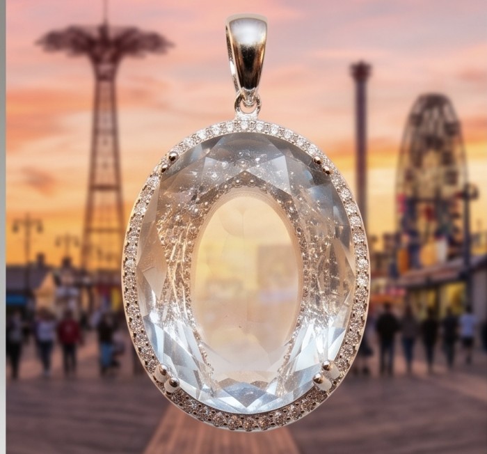 Angelina 10.9 carat authentic White Topaz .925 Sterling Silver Handcrafted handmade Pendant - Close-up of Angelina 10.9 ct White Topaz pendant with Sterling Silver setting.