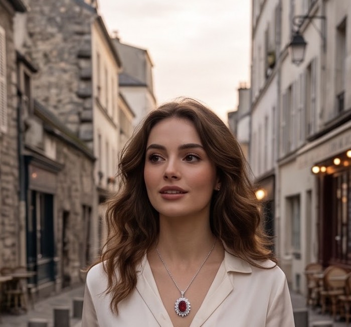 Luxurious 27.9 carat natural Garnet from The Umba Valley in Tanzania .925 Sterling Silver .925 Sterling Silver Statement Necklace - Woman wearing garnet necklace, street background, front view.