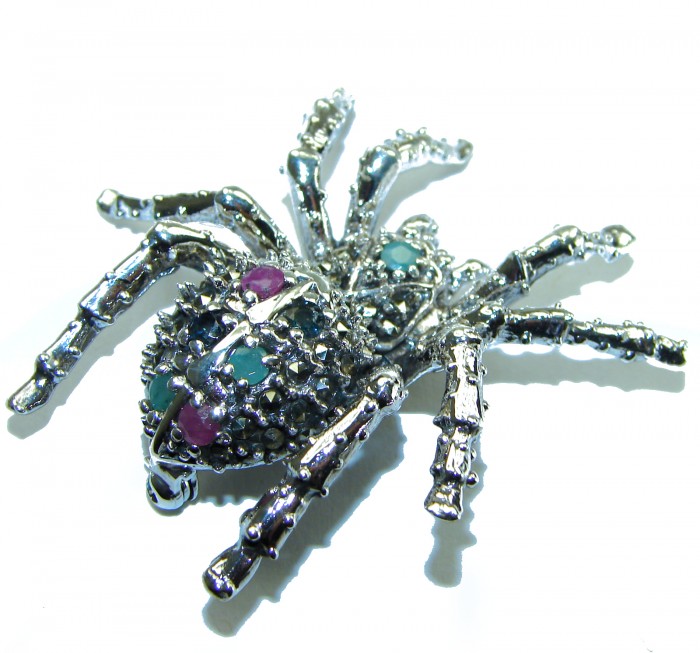 Large Black Widow Spider genuine Ruby .925 Sterling Silver handmade Pendant - Brooch - photo 2