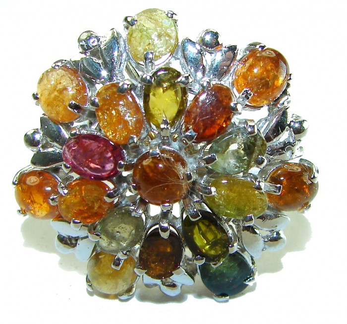 Luxurious 30.5 ctw Brazilian Watermelon Tourmaline .925 Sterling Silver handcrafted Statement Ring size 8 - Close-up of a luxurious tourmaline ring with multicolored stones.
