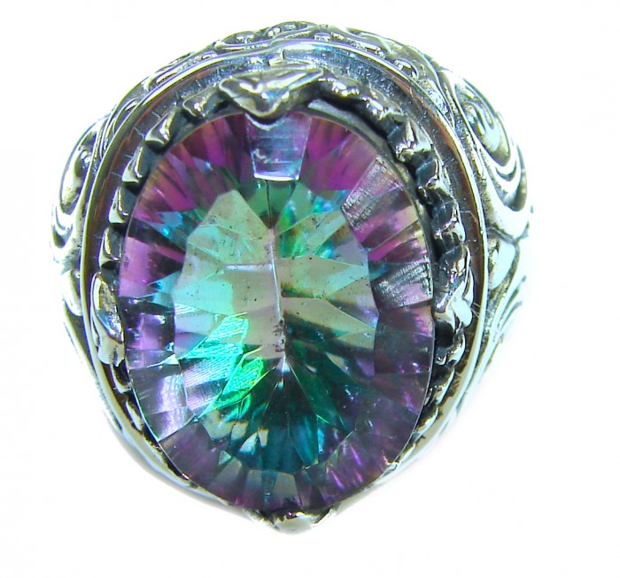 Big Dreamer Massive 11.8 carat Mystic Topaz .925 Sterling Silver handcrafted Large ring size 6 - Mystic topaz ring close-up with ornate .925 sterling silver setting