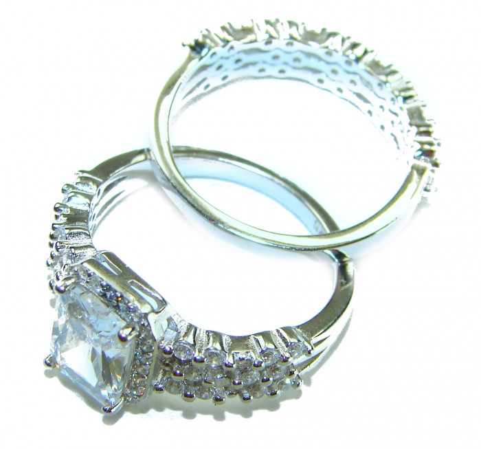 Golden Galaxy Genuine 10.8 carat White Topa .925 Sterling Silver handmade stack up Ring size 6 1/4 - Top view of two silver rings with a large square-cut white gemstone.