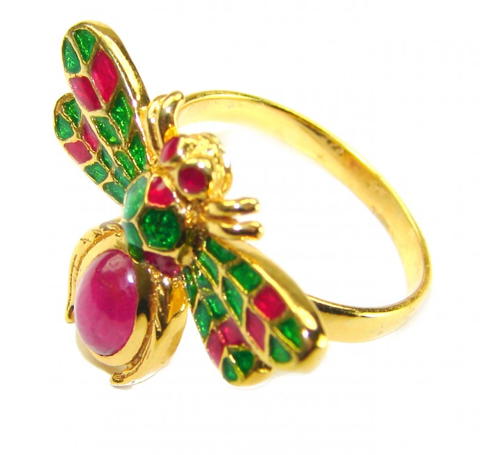 Lucky Bee Enamel 2.2 CARAT Ruby 18K Gold over .925 Sterling Silver Huge handcrafted Ring s. 7 - Bee ring with red and green enamel, side view, ruby stone close-up.