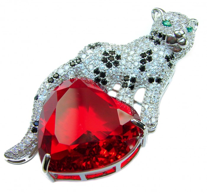 Passionate Love Cheetah authentic 42.5 carat Ruby .925 Sterling Silver Handcrafted pendant brooch - Cheetah brooch with 42.5 carat ruby, front view, .925 silver.