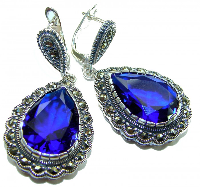 Julietta 15.5 carat London Blue Topaz Marcasite .925 Sterling Silver handmade Statement earrings - Close-up view of Julietta London Blue Topaz Marcasite earrings
