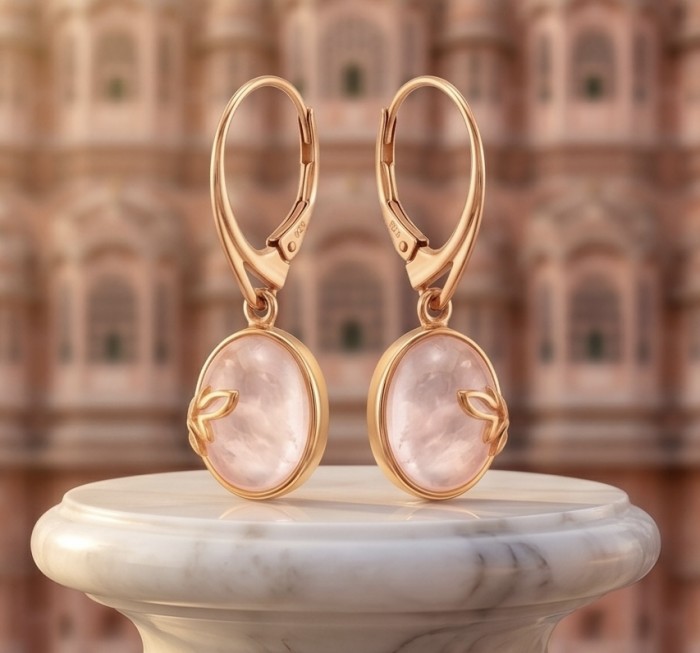 Authentic 10.2 carat Rose Quartz 14K Gold over .925 Silver handcrafted Statement earrings - Rose Quartz earrings front view on marble pedestal, 14K Gold over silver.