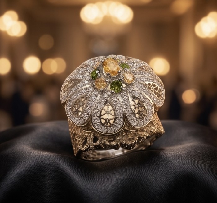 Casablanca Italy made 1.8 carat yellow Sapphire .925 Sterling Silver brilliantly handcrafted ring s. 6 1/2 - Ornate ring with yellow sapphire, top view, intricate detail, on display.
