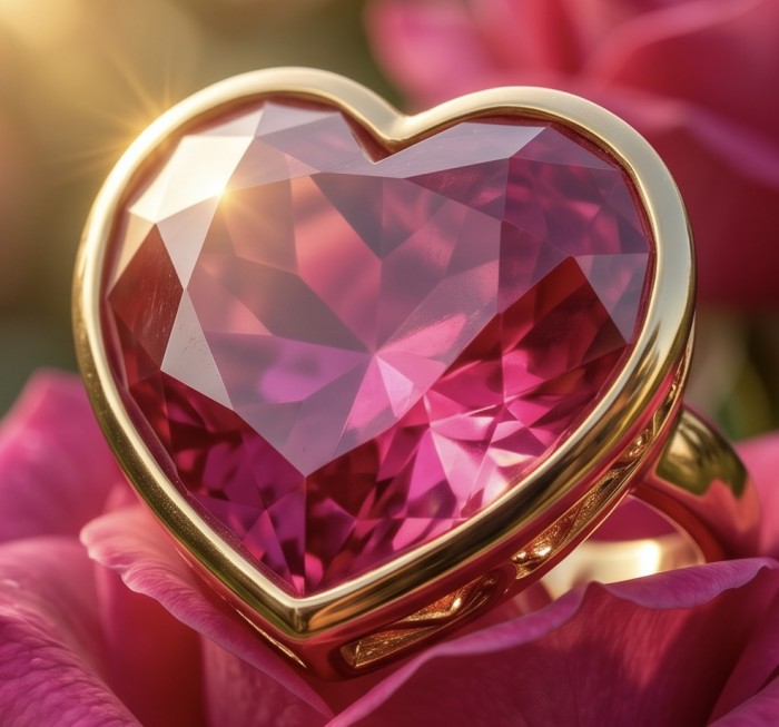 Always on my Mind Natural heart shape 22.7 carat Ruby .925 Sterling Silver dipped in 22K Gold handmade Statement Ring size 8 - Close-up of a heart-shaped ruby ring on a rose background.