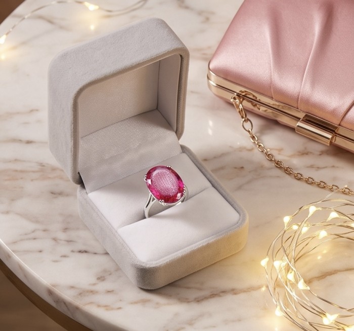Angelina 12.9 carat authentic Pink Tourmaline .925 Sterling Silver Handcrafted Ring size 7 - Pink tourmaline ring in box; top view on marble table.