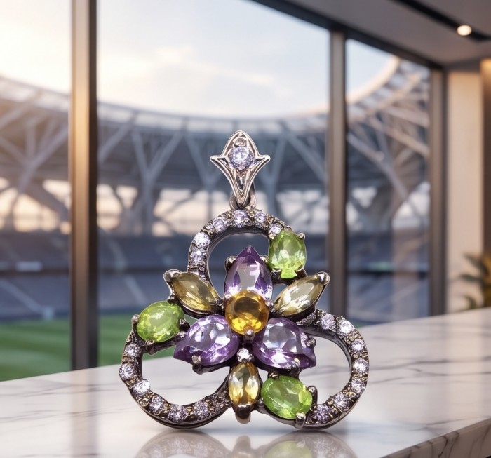 Colors of the Earth Precious 18.5 carat Multigem Rhodium over .925 Sterling Silver Statement Pendant - Front view of Colors of the Earth multigem pendant on marble surface.