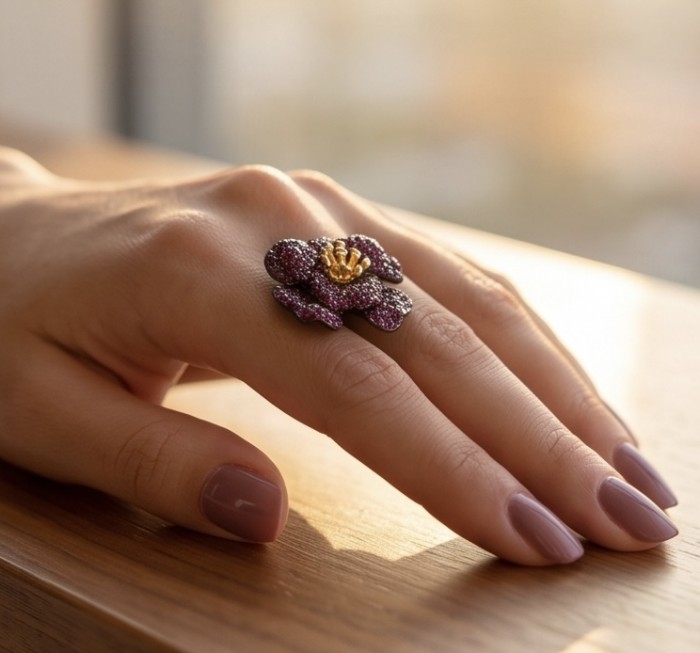 Red Rose 22.5 carat Ruby black rhodium over 18K Gold .925 Sterling Silver handcrafted ring size 6 - Elegant red rose ring worn on hand, ruby on 18K gold.