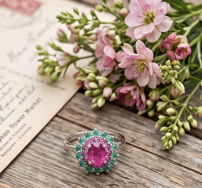 Bella Rosa Genuine 5.5 CARAT Ruby Emerald rhodium over .925 Sterling Silver Statement Ring size 8 - Elegant ring with pink ruby and emeralds, floral backdrop, top view.