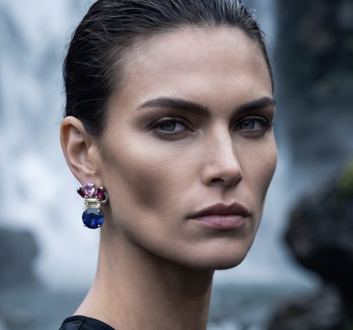 Blue Magic 15.5 carat London Blue Topaz .925 Sterling Silver handmade Statement earrings - Model wearing Blue Magic 15.5 ct London Blue Topaz earrings close-up.