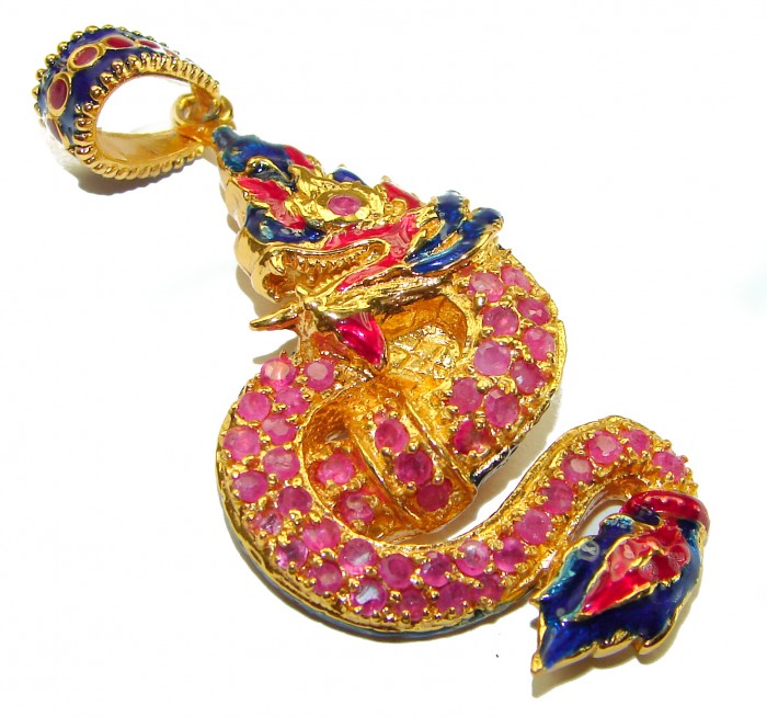 INCREDIBLE Natural Ruby Emerald Enamel Dragon 18K Gold over .925 Sterling Silver handcrafted Pendant - photo 1