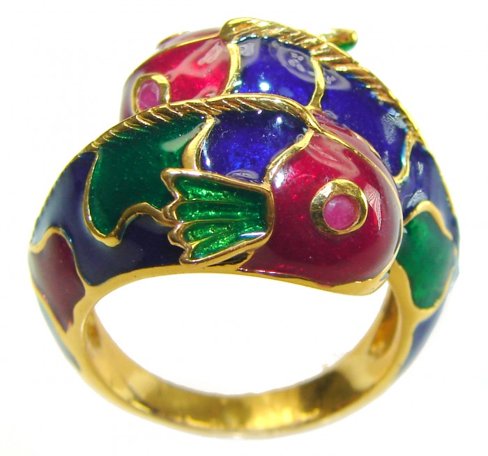 Luxurious Lucky Fishes Natural Ruby Enamel 18K Gold over .925 Sterling Silver Huge handcrafted Ring s. 8 1/4 - photo 3