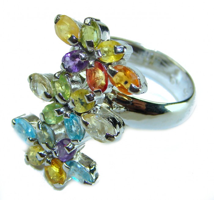 Summer Time 12.5 multicolor Kashmir Sapphire .925 Sterling Silver handcrafted ring size 9 - Multicolor sapphire sterling ring, side angle view.