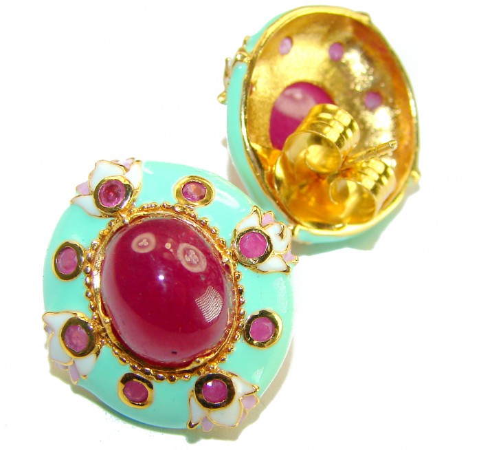 Countless Blessings Genuine 8.5 carat Authentic Ruby mint enamel 18K Gold over .925 Sterling Silver handcrafted earrings - Close-up of Countless Blessings earrings with ruby and mint enamel.