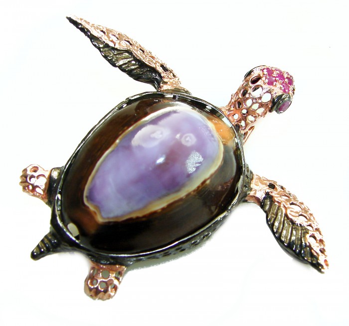 Good health and Long life Big Turtle Genuine Ocean Shell Ruby 14K Gold over .925 Sterling Silver handcrafted Pendant brooch - Top view of turtle-shaped jewelry with purple shell.