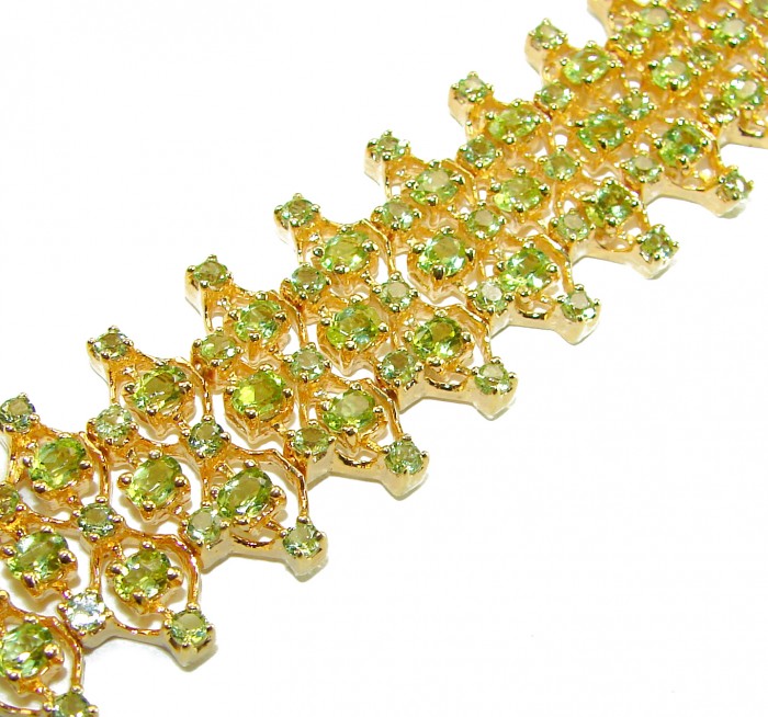 Natural 45.8 carat Peridot 14k Gold over .925 Sterling Silver handmade small size Statement Bracelet - Close-up of 45.8 ct Peridot bracelet in 14k gold over sterling silver.