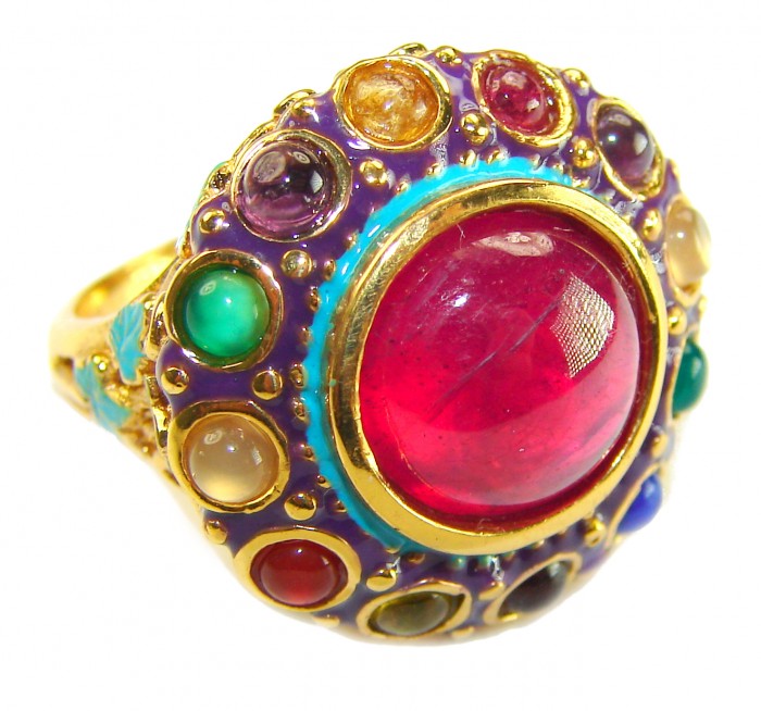 Nirvana Genuine 10.5 CARAT Ruby enamel 24K Gold over .925 Sterling Silver Large Statement Ring size 7 - Close-up of Nirvana ring with ruby and gemstones on gold setting