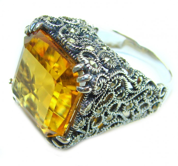 Pure Celestial energy Natural 28.4 carat Golden Topaz Marcasite .925 Sterling Silver handmade Large Statement Ring size 8 1/4 - Side view of intricate silver ring with 28.4 carat golden topaz centerpiece.