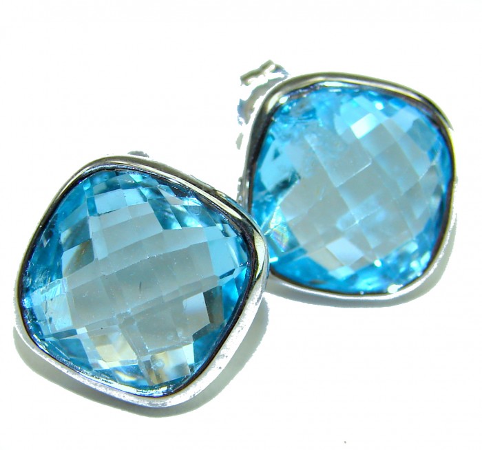 Eau Pure cushion cut 12.5 carat Swiss Blue Topaz .925 Sterling Silver Handcrafted Earrings - Close-up of cushion cut Swiss Blue Topaz earrings in silver setting.