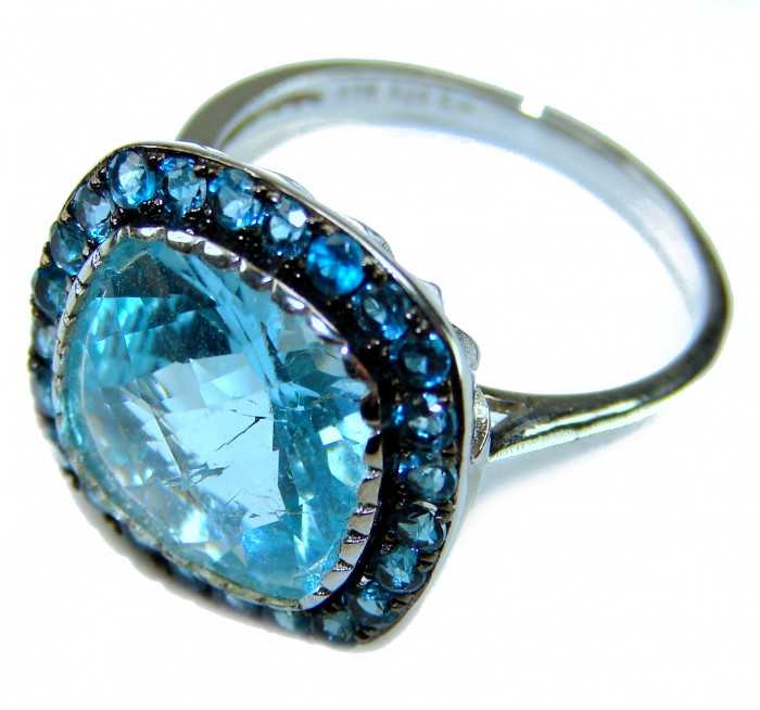Gabriella 10.2 carat authentic assher cut Swiss Blue Topaz .925 Sterling Silver handcrafted Statement Ring size 9 - Close-up of Gabriella asscher cut Swiss Blue Topaz ring with halo stones.