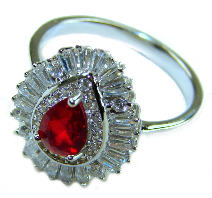 Real Beauty Natural 3.9 carat Ruby .925 Sterling Silver handmade Statement Ring size 8 - Close-up of 3.9 carat ruby ring with diamond halo in sterling silver.