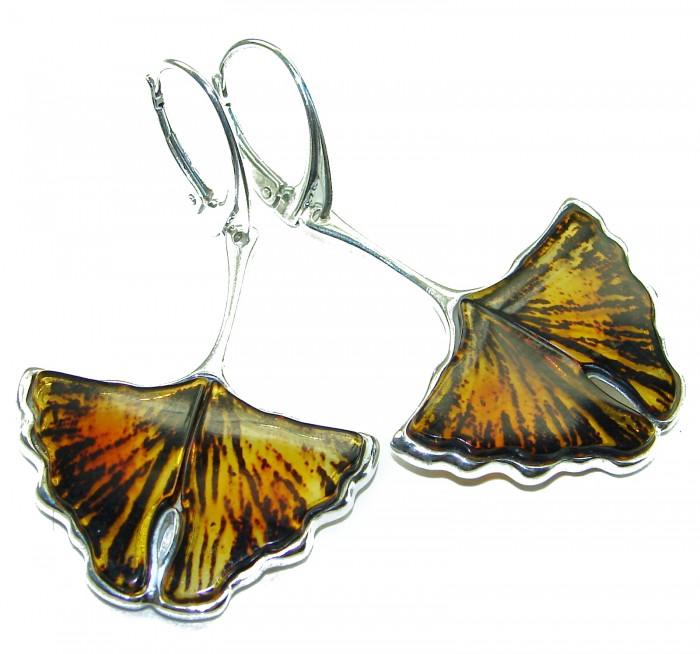 Wonderful Butterflies carved Baltic Polish Amber .925 Sterling Silver earrings - Butterfly-shaped amber earrings, top view, silver accents.