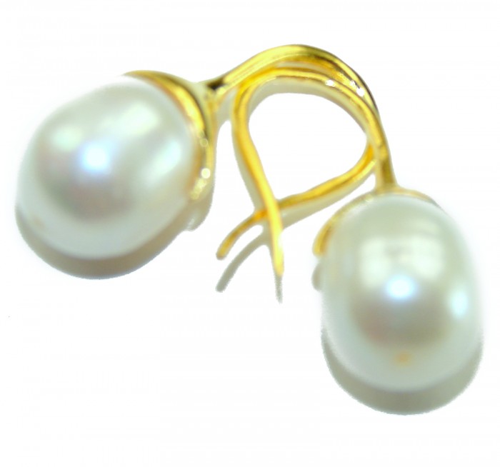Genuine Pearl 18K Gold over .925 Sterling Silver handcrafted Statement Earrings - Close-up of genuine pearl earrings with gold hooks