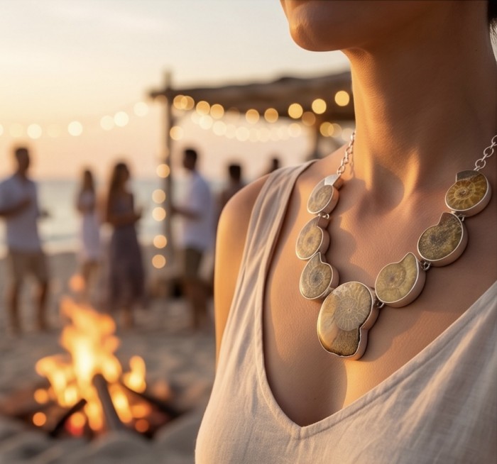 Large 155.2g Aura Of Beauty genuine Ammonite from dinosaurs Era .925 Sterling Silver handcrafted Necklace - Beach scene with Ammonite necklace worn, close-up at sunset.