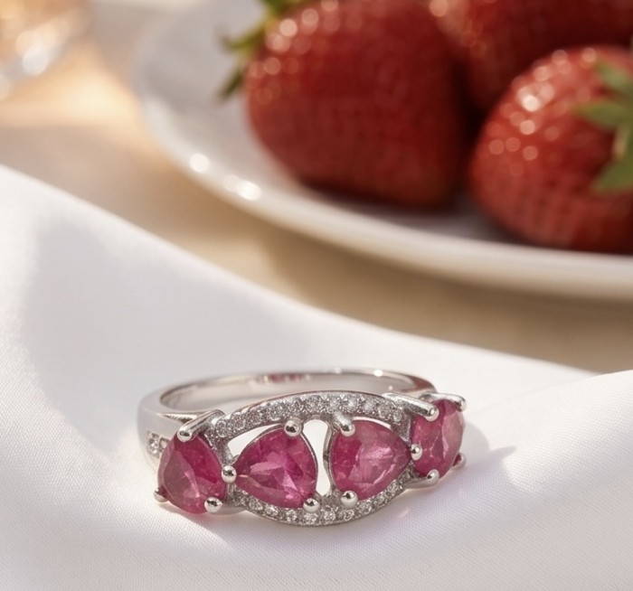 4 Hearts Natural 7.4 carat Ruby .925 Sterling Silver dipped in Rhodium handmade Statement Ring size 6 1/4 - Ruby heart ring close-up with strawberries in background