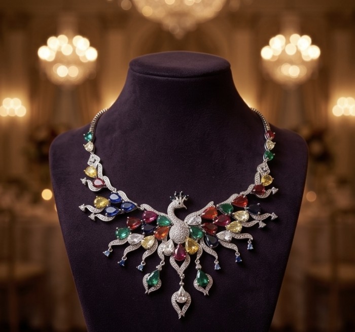 55.2 carat Graceful Swan Natural multicolor Topaz .925 Sterling Silver handcrafted Statement necklace - Front view of a multicolor gemstone swan necklace on a display bust