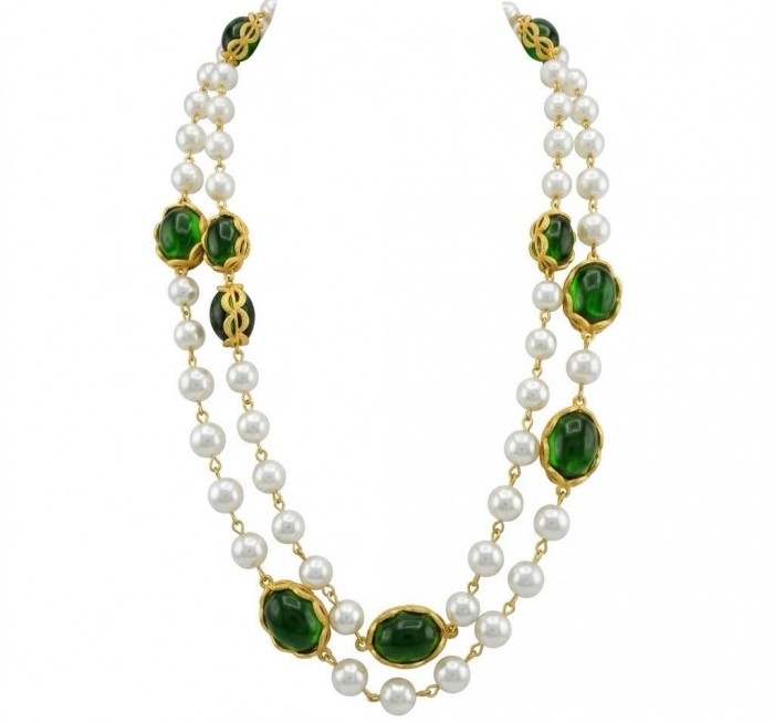 Incredible 48 inches long Freshwater Pearl 10K Gold over .925 Sterling Silver handmade Necklace - Front view of 48-inch freshwater pearl and green stone necklace.