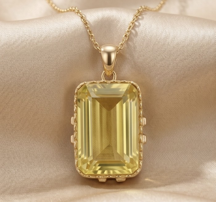 Emerald cut 10.3 carat Lemon Quartz 18K Gold over .925 Sterling Silver handcrafted pendant - Emerald cut lemon quartz pendant in 18K gold on silk background