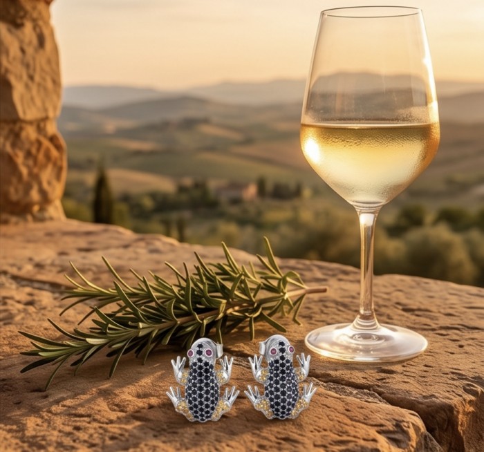 Large Blue Frogs 4.2 carat Sapphire rhodium over .925 Sterling Silver handcrafted earrings - Frog sapphire earrings beside wine glass on stone ledge, landscape view.