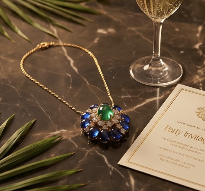 Colombian's Brilliance - emerald cut 4.7 carat Colombian Emerald 18K Gold over .925 Sterling Silver handcrafted necklace - Emerald necklace on table with invitation and champagne glass