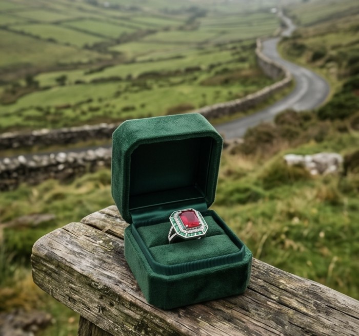 Art Deco 19.4 ctw Ruby Emerald .925 Sterling Silver handcrafted Large Statement Ring size 8 1/4 - Art Deco ruby and emerald ring in green box on a rustic countryside background.