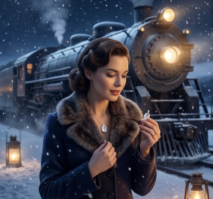 Classic Design 22.5 carat oval cut White Topaz .925 Sterling Silver handcrafted Pendant - Woman holding White Topaz pendant by a vintage train, snow falling around.