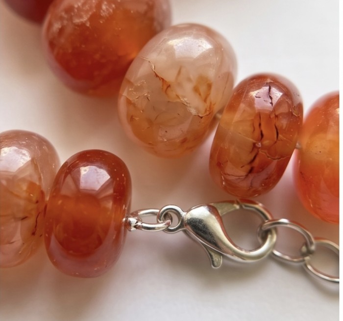 Carnelian - acting as a talisman to banish fear and inspire action - Natural 887.4 Cts Carnelian Agate .925 Sterling Silver MASSIVE Necklace - Carnelian beads and clasp detail, close-up view.