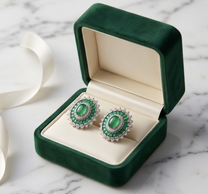 Art deco - Natural 2.8 carat Colombian Emerald .925 Sterling Silver Handcrafted Earrings - Art deco Colombian emerald earrings in open green velvet box, top view.
