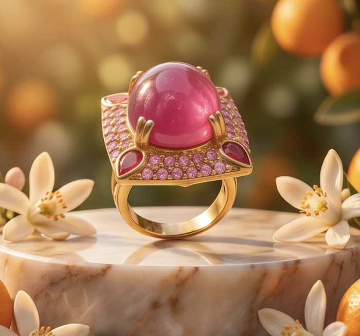 Bella Rosa Genuine 19.5 CARAT MOZAMBIQUE Ruby 22K Gold over .925 Sterling Silver Statement Ring size 7 - Close-up of Bella Rosa Mozambique Ruby ring on marble display