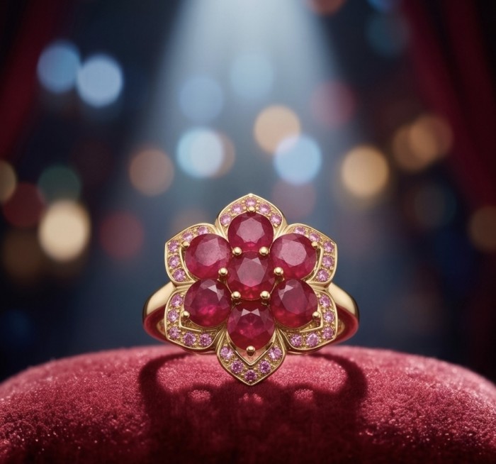Born to Glam authentic 4.2 carat Mozambique Ruby 22K Gold over .925 Silver handcrafted Ring s. 5 1/2 - Close-up of Born to Glam 4.2ct Mozambique Ruby 22K Gold flower ring