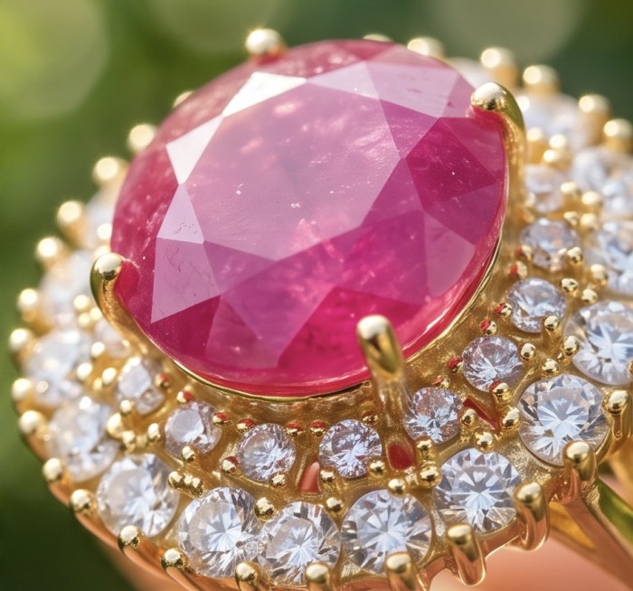Scarlett 9.7 ctw Mozambique Ruby .925 Sterling Silver dipped in 22K Gold handcrafted Statement Ring size 8 - Close-up of Scarlett 9.7 ctw Mozambique Ruby ring with surrounding diamonds