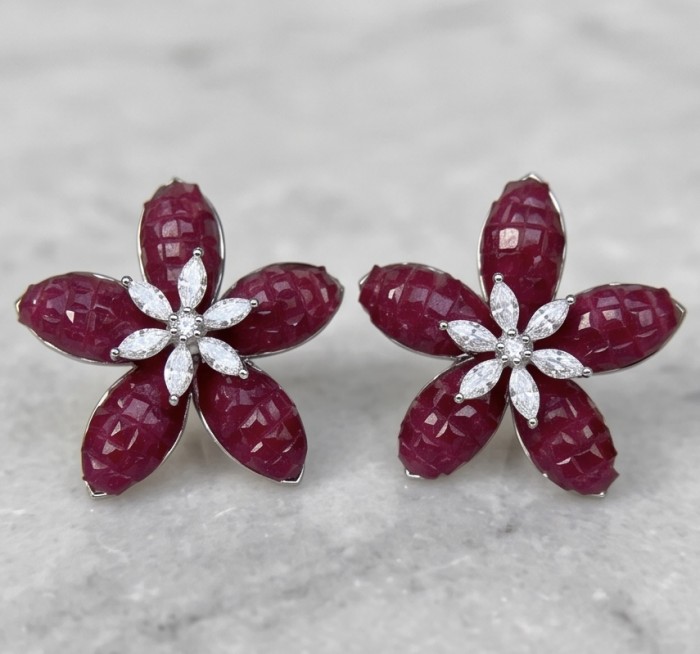 Giuseppina - mystery setting 7.8 carat authentic Ruby .925 Sterling Silver handcrafted Statement earrings - Ruby flower earrings front view with diamond petals, Giuseppina design.