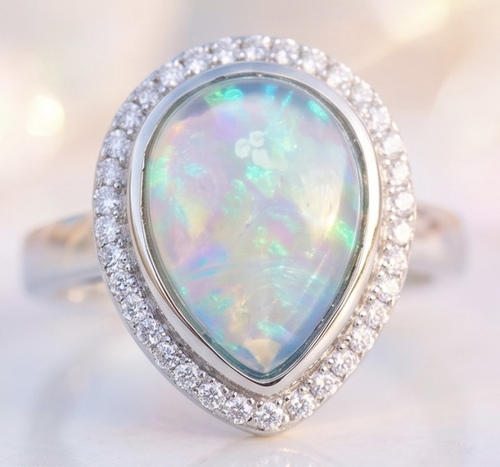 Endless Ocean Genuine 14.5 carat doublet Australian Opal .925 Sterling Silver handmade Ring size 6 - Close-up of opal ring with diamond halo setting