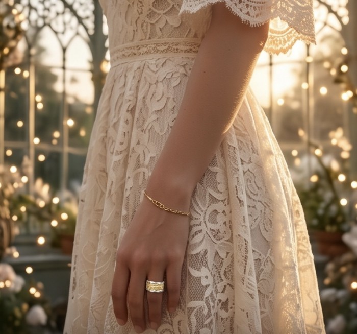 Perfection Natural 18K Gold over .925 Sterling Silver ring size 7 1/4 - Gold ring worn on hand with lace dress background.