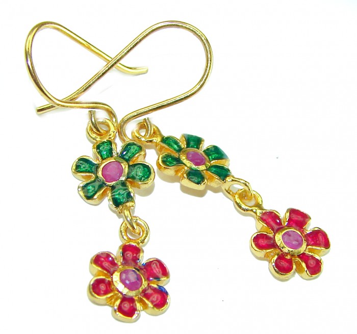 Golden Flowers Genuine Ruby Enamel 14K Gold over .925 Sterling Silver handcrafted Earrings - photo 3
